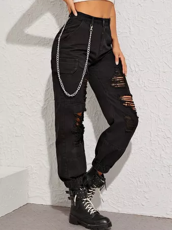 High Waisted Flap Pocket Cargo Jeans With Chain | SHEIN USA
