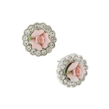 1928 Jewelry Silver-Tone Crystal and Pink Porcelain Rose Button Earrings
