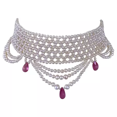 Marina J. Pink Sapphire and Pearl Woven Choker with Rhodium Plated Silver Clasp For Sale at 1stDibs | pink rhinestone choker, pearl and sapphire choker necklace