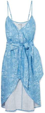 Court Asymmetric Printed Linen Wrap Dress - Blue
