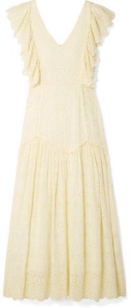 Cressida Ruffled Broderie Anglaise Cotton Maxi Dress - Pastel yellow