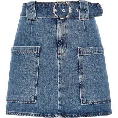 Mid Blue Belted Denim Mini Skirt