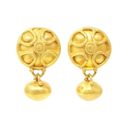 Greek/Roman Shield Motif Dangling Earrings in High Karat Yellow Gold For Sale at 1stDibs