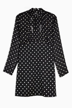 Black and White Shirred Neck Spot Mini Dress | Topshop