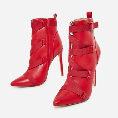 Halle Strap Detail Ankle Boot In Red Faux Leather | EGO
