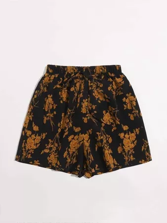 Tie Front Floral Shorts | SHEIN USA brown