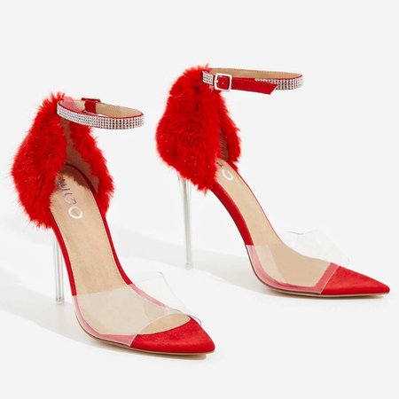 Hadley Diamante Perspex Heel In Red Faux Fur and Faux Suede | EGO