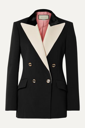 Black Double-breasted velvet and satin twill-trimmed silk and wool-blend blazer | Gucci | NET-A-PORTER