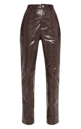 Brown Faux Leather Snakeskin Trouser | PrettyLittleThing