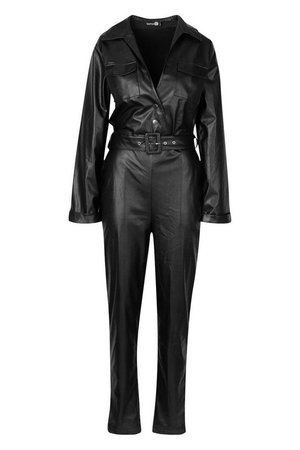 Tall Leather Look Boilersuit jumpsuit | Boohoo