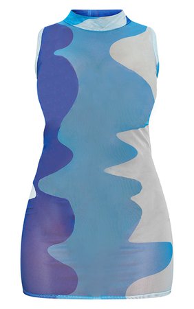 BLUE SWIRL PRINT MESH SLEEVELESS HIGH NECK BODYCON DRESS | PrettyLittleThing CA