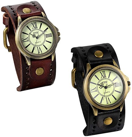 Amazon.com: JewelryWe Vintage Wrist Watch Wide Leather Strap Band Cuff Quartz Watches for Men for Fathers Day: Clothing