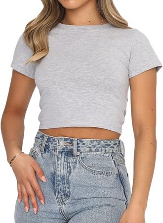 Women Basic Short Sleeve Cropped Shirts Square Neck Ribbed Slim Fit Tee Tops Solid Color Blouse Streetwear at Amazon Women’s Clothing store