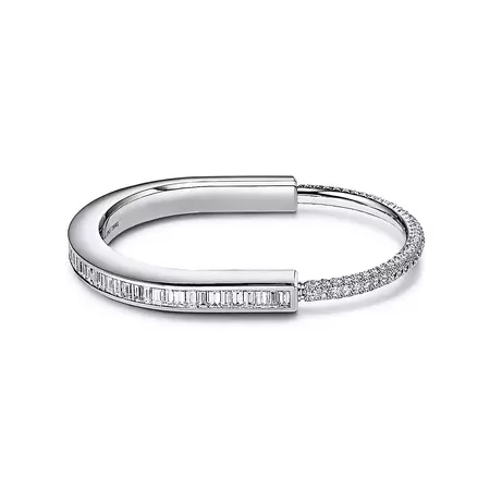 Tiffany Lock Bangle in White Gold with Baguette and Pavé Diamonds | Tiffany & Co.