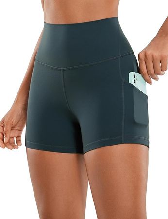 CRZ YOGA Womens Butterluxe Biker Shorts with Pockets 5 Inches - High Waisted Volleyball Workout Athletic Yoga Short Leggings Olive Green Small at Amazon Women’s Clothing store