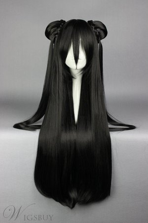 Super Long Straight Black Cosplay Wig with Ponytails: Wigsbuy.com