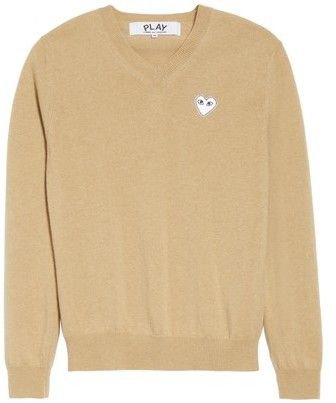 Comme des Garcons White Heart Wool V-Neck Sweater