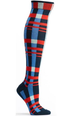red and blue and white plaid socks