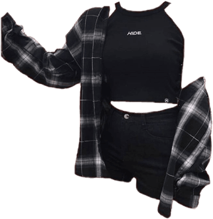 Black & White Flannel, Black Crop Top & Shorts (png)
