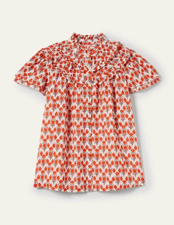 Flutter Sleeve Ruched Blouse - Chili Oil, Poppy Geo | Boden US