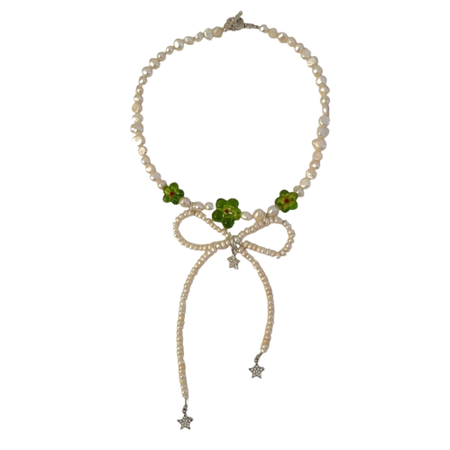 freshwater pearl green floral beaded bow necklace // shopminxzie