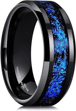 King Will Mens 8mm Black Tungsten Carbide Wedding Ring Blue Foils Inlay Tungsten Ring Beveled Edge Tungsten Ring 10 | Amazon.com