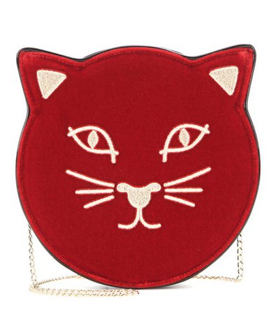 Pussycat embroidered velvet shoulder bag