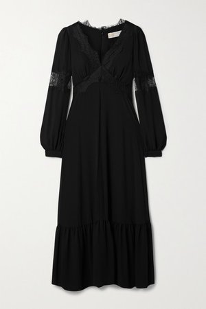 Lace-trimmed Georgette Midi Dress - Black