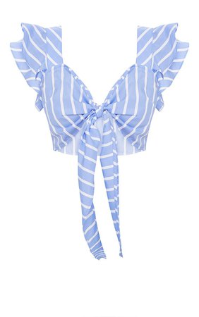Blue Stripe Frill Tie Front Bralet | PrettyLittleThing