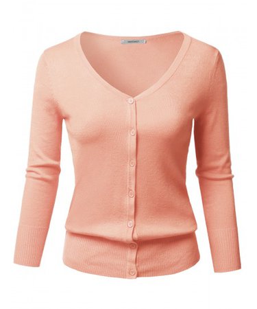 Women's Solid Button Down V-Neck 3/4 Sleeves Knit Cardigan | 14 Peach