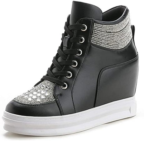 Amazon.com | CYBLING Women Fashion Rhinestone Sneakers Casual Lace Up High Top Hidden Heel Wedges Platform Shoes Black | Fashion Sneakers