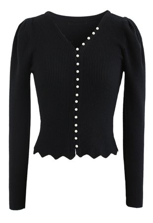 Pearls V-Neck Fitted Knit Top in Black - Retro, Indie and Unique Fashion