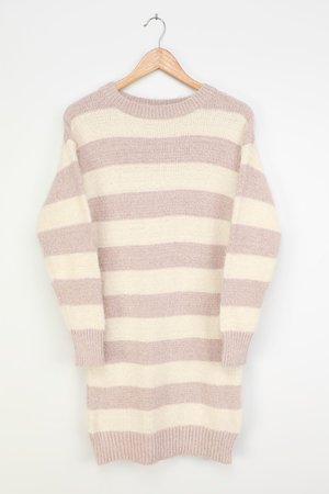Cream Striped Dress - Fuzzy Knit Dress - Mini Sweater Dress - Lulus