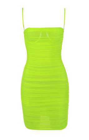 Clothing : Bodycon Dresses : 'Ella' Neon Green Ruched Organza Mesh Mini Dress