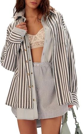 Women Casual Stripe Blouse Lapel Collar Button Down Long Sleeve Loose Fit Top Shirts at Amazon Women’s Clothing store