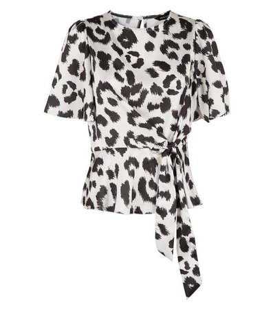 White Satin Leopard Print Tie Side Blouse | New Look