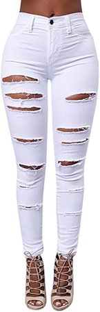 Baifern Women's Ripped Washed Hole Denim Long Jeans (Small, White) at Amazon Women's Jeans store