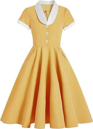 Women Notch Lapel Vintage V-Neck Cocktail Swing Dress 50s 60s Button up 1950s Rockabilly Prom Midi Evening Dress with Pockets at Amazon Women’s Clothing store
