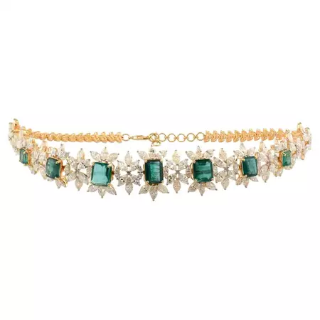 Natural Emerald Gemstone Choker Diamond Necklace 18 Karat White Gold Jewelry For Sale at 1stDibs | zambian emerald choker, emerald choker necklace gold