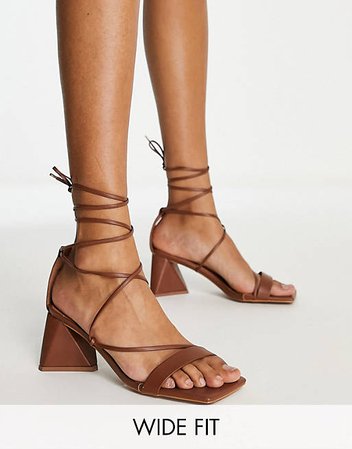 ASOS DESIGN Wide Fit Hilani tie leg block heeled mid sandals in tan | ASOS