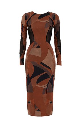Clothing : Midi Dresses : 'Cassidy' Brown Print Midi Dress
