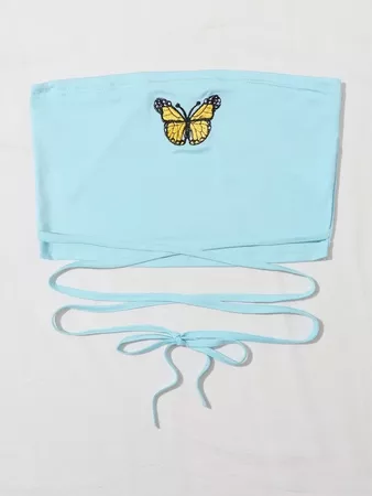 Butterfly Embroidery Criss Cross Tube Top | SHEIN USA blue