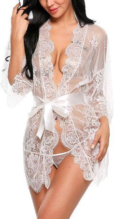 ADOME Women's Kimono Robe Lace Babydoll Lingerie Sheer Nightgown Sleepwear White M at Amazon Women’s Clothing store