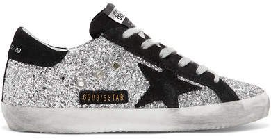 Superstar Glittered Leather And Suede Sneakers - Silver