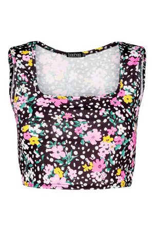 Ditsy Print Thick Strap Square Neck Crop Top | boohoo