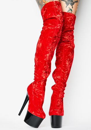 Vday Velvet Thigh High Stiletto Boots Platform Red | Dolls Kill