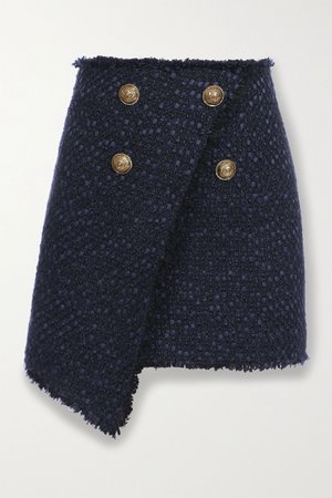 Navy Button-embellished asymmetric tweed mini skirt | Balmain | NET-A-PORTER