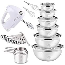 Amazon.com: Electric Hand Mixer Mixing Bowls Set, Upgrade 5-Speeds Mixers with 6 Nesting Stainless Steel Mixing Bowl, Measuring Cups and Spoons Whisk Blender -Kitchen Baking Supplies For Cooking Bake Beginner: Kitchen & Dining