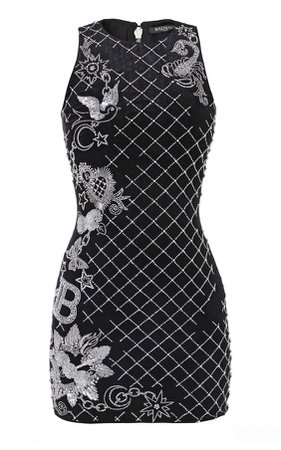 Balmain Sleeveless Grid Sequin Embroidered Dress