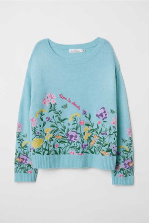 Knitted jumper with embroidery - Turquoise - Ladies | H&M US